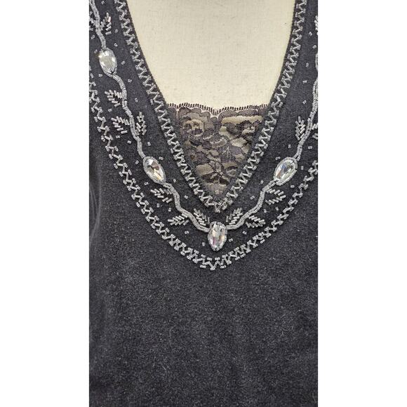 Boston Proper Cashmere Silk Blend Beaded Sweater Pullover Size M Lace Insert Y2K - Picture 3 of 7